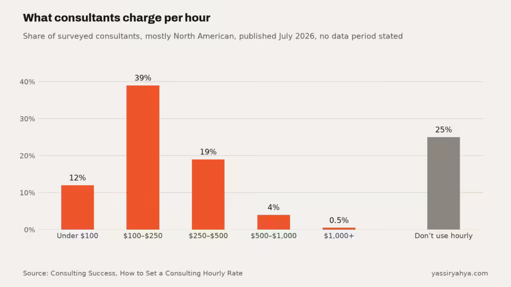Bar chart of the share of surveyed consultants, mostly North American, in each hourly rate band and not using hourly fees, from a study published July 2026